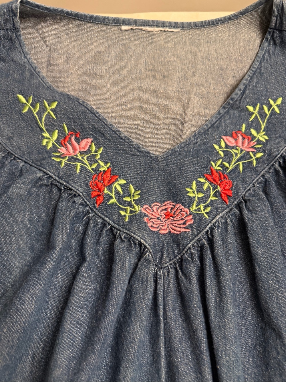 Vintage 90s Denim Floral Embroidered V-Neck Patio Swing Dress, see measurements - Picture 3 of 12